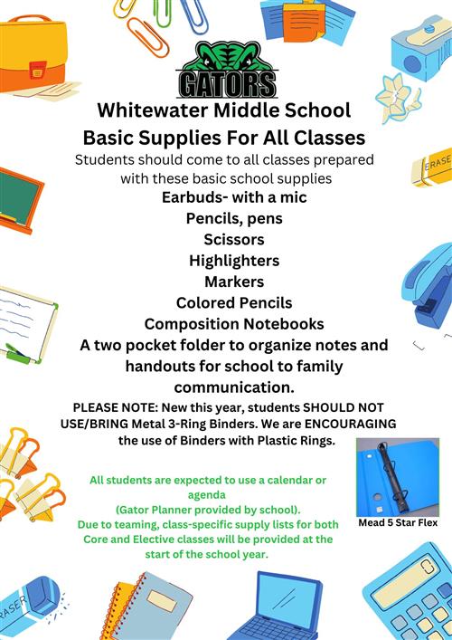 White Water Middle School 2024 - 2025 school supply list